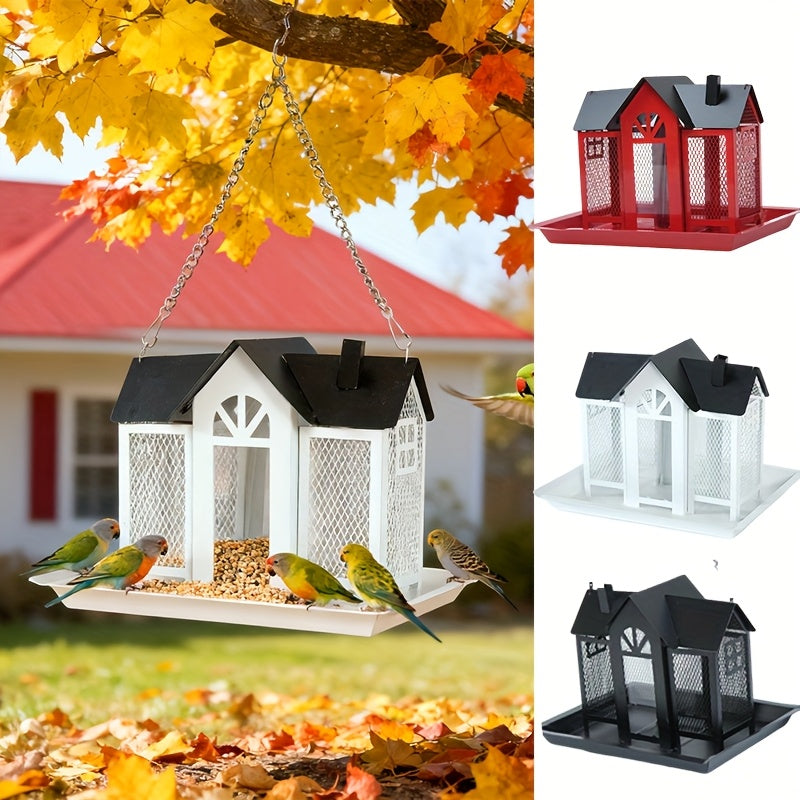 Metal Mesh Wild Bird Feeder with Triple Feeding Areas, Large Capacity Backyard Feeding Station with Black Roof and White or Red Wall Options