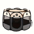 Folding Pet Playpen for Dogs and Cats, Octagonal Oxford Cloth Enclosure with Mesh Windows and Paw Print Panels for Supervised Indoor and Outdoor Use