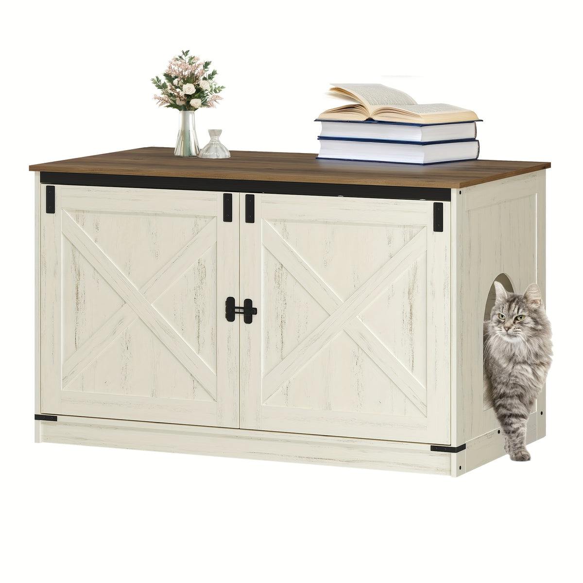 Hidden Litter Box Furniture with Barn Doors, Farmhouse Cat Cabinet with Reversible Entrance, Removable Divider and Ventilation Holes