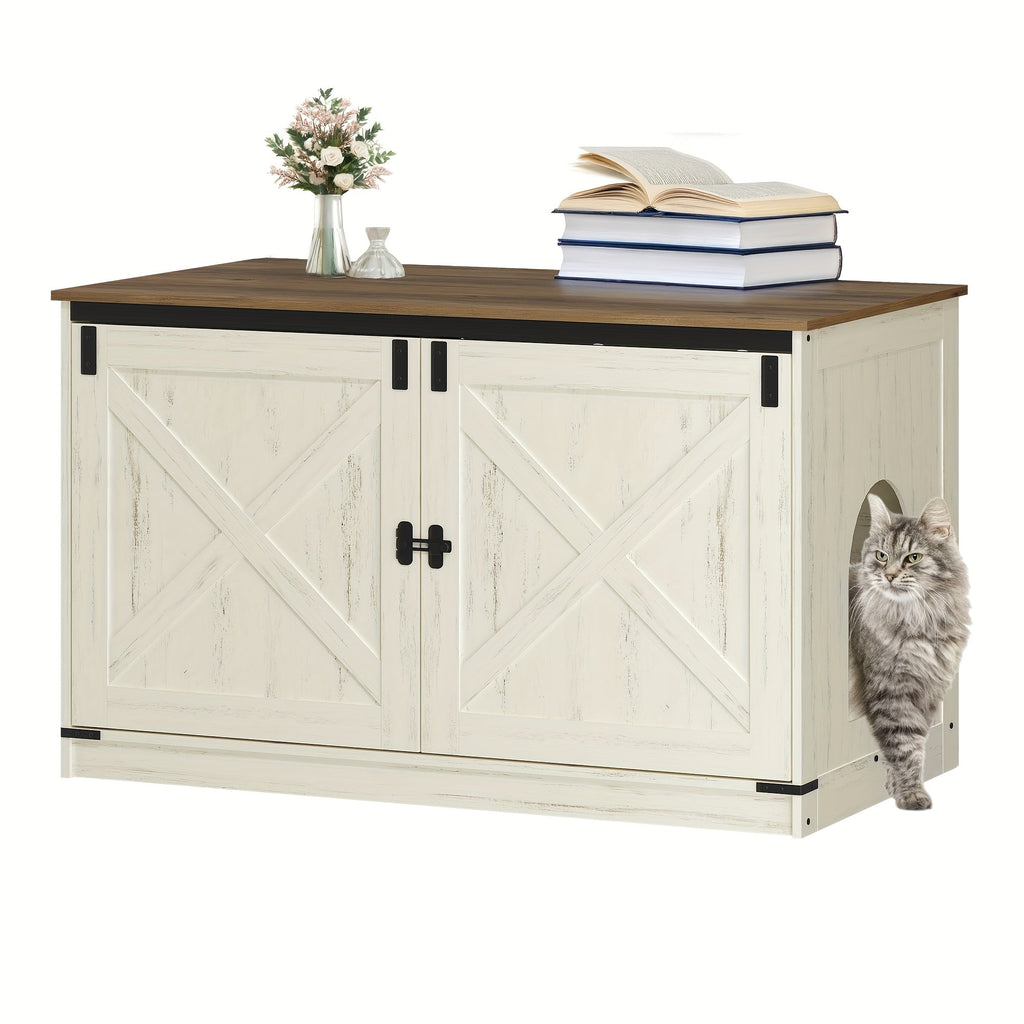 Hidden Litter Box Furniture with Barn Doors, Farmhouse Cat Cabinet with Reversible Entrance, Removable Divider and Ventilation Holes