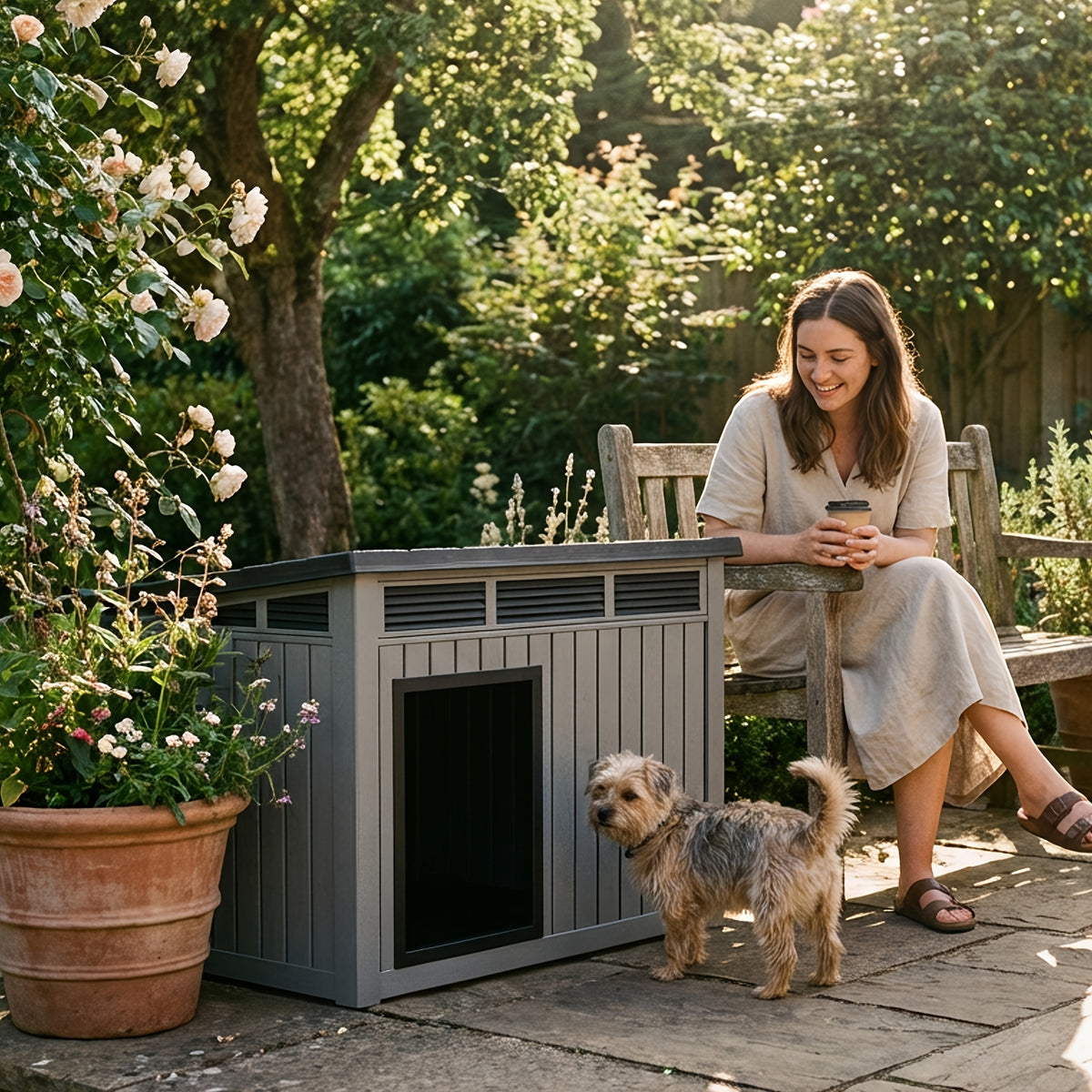 Resin Dog House 33 Inch with Slanted Roof and Ventilation Openings, UV-Resistant Outdoor Pet Shelter in Black or Grey for Backyard Rest