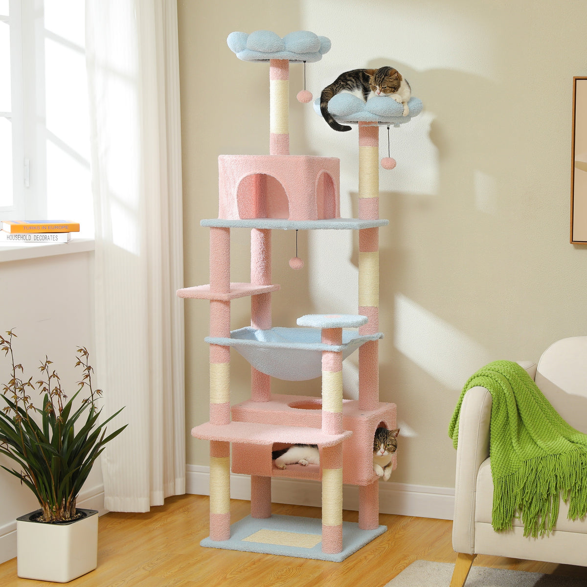 Cat Tree with Eight Levels, 72 Inch Indoor Cat Tower with Spacious Condo, Sisal Scratching Posts, Padded Perches and Basket for Rest and Play