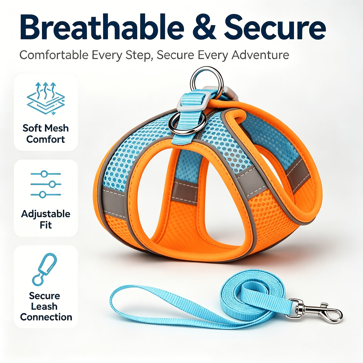 Mesh Pet Harness and Leash Set for Dogs and Cats, Reflective Vest with Padded Edges, Adjustable Fit and Four Color Options in XXS to L