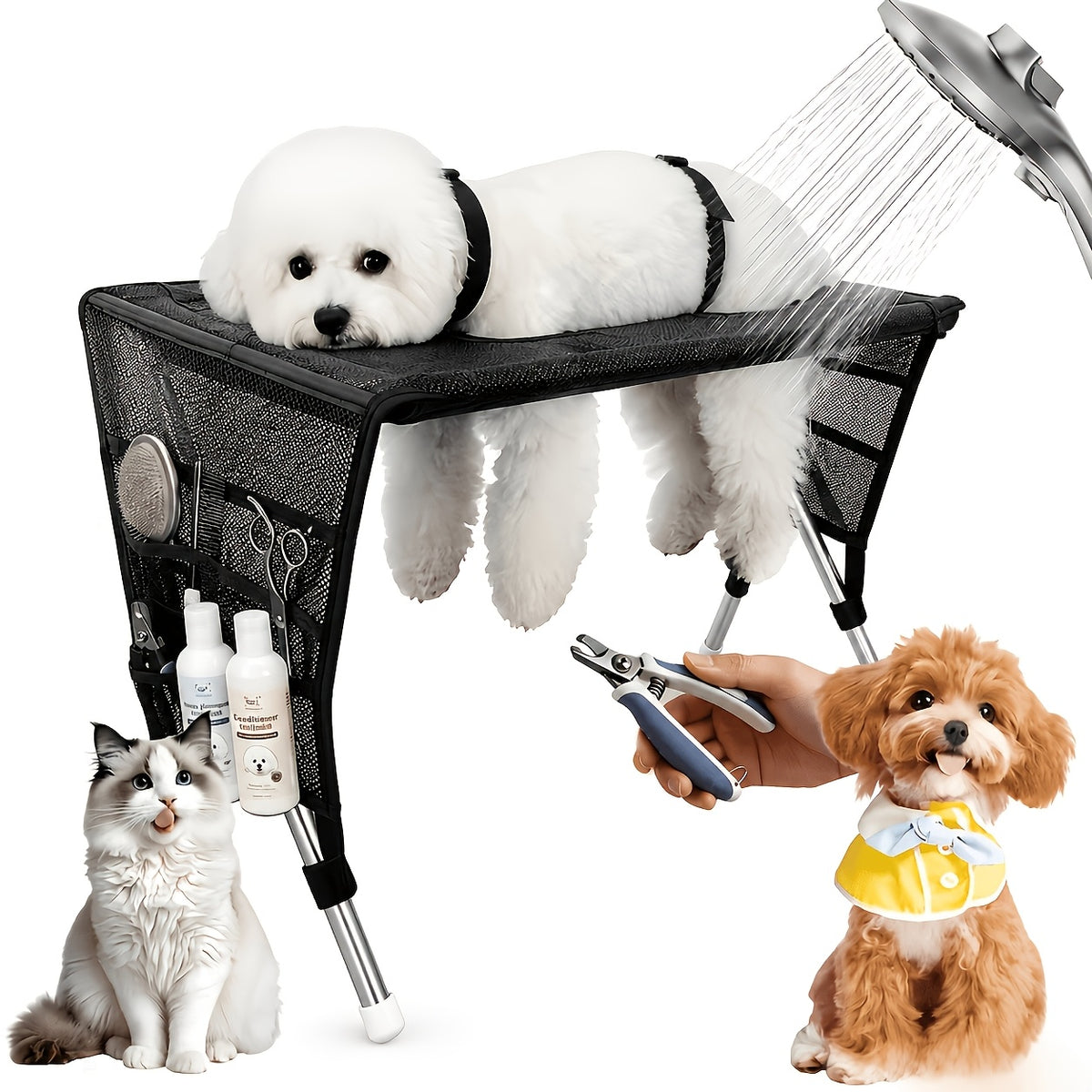 Pet Grooming Hammock with Stand for Nail Trimming, Foldable Mesh Support Bed for Cats and Dogs, Bathing and At-Home Paw Care