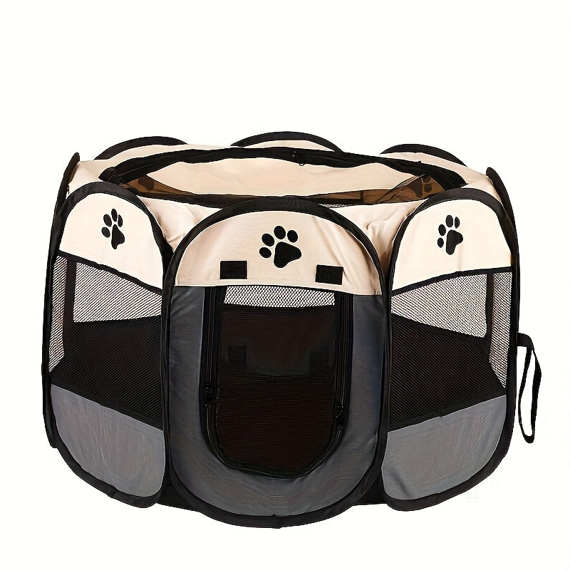 Pet Travel Playpen with Mesh Windows and Zipper Door, Foldable Octagonal Oxford Cloth Tent for Dogs and Cats, Beige Gray or Blue Size Options