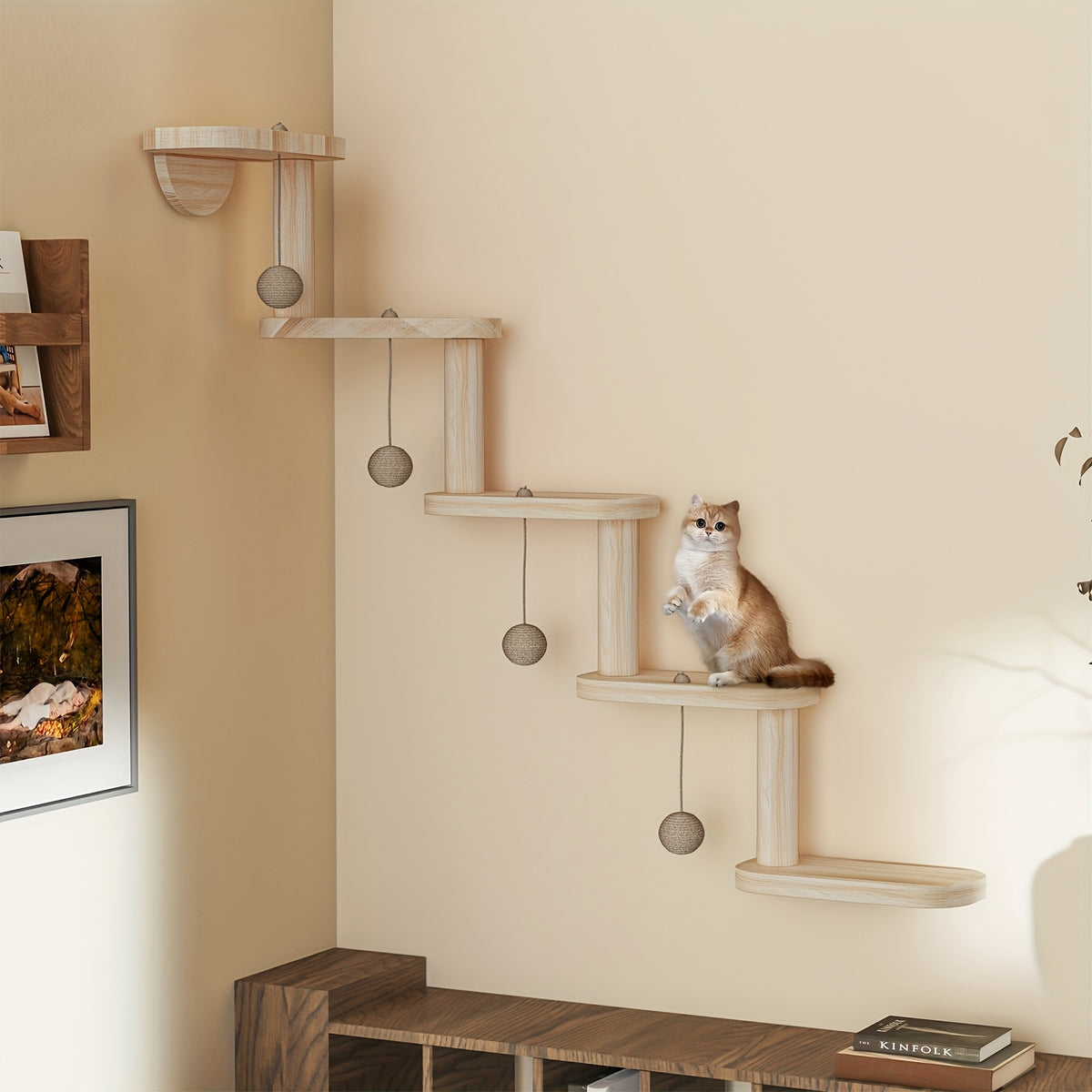 Cat Wall Climbing Frame with 3 or 5 Levels, Solid Wood Wall-Mounted Cat Furniture for Indoor Scratching and Play, Optional Hammock Combination