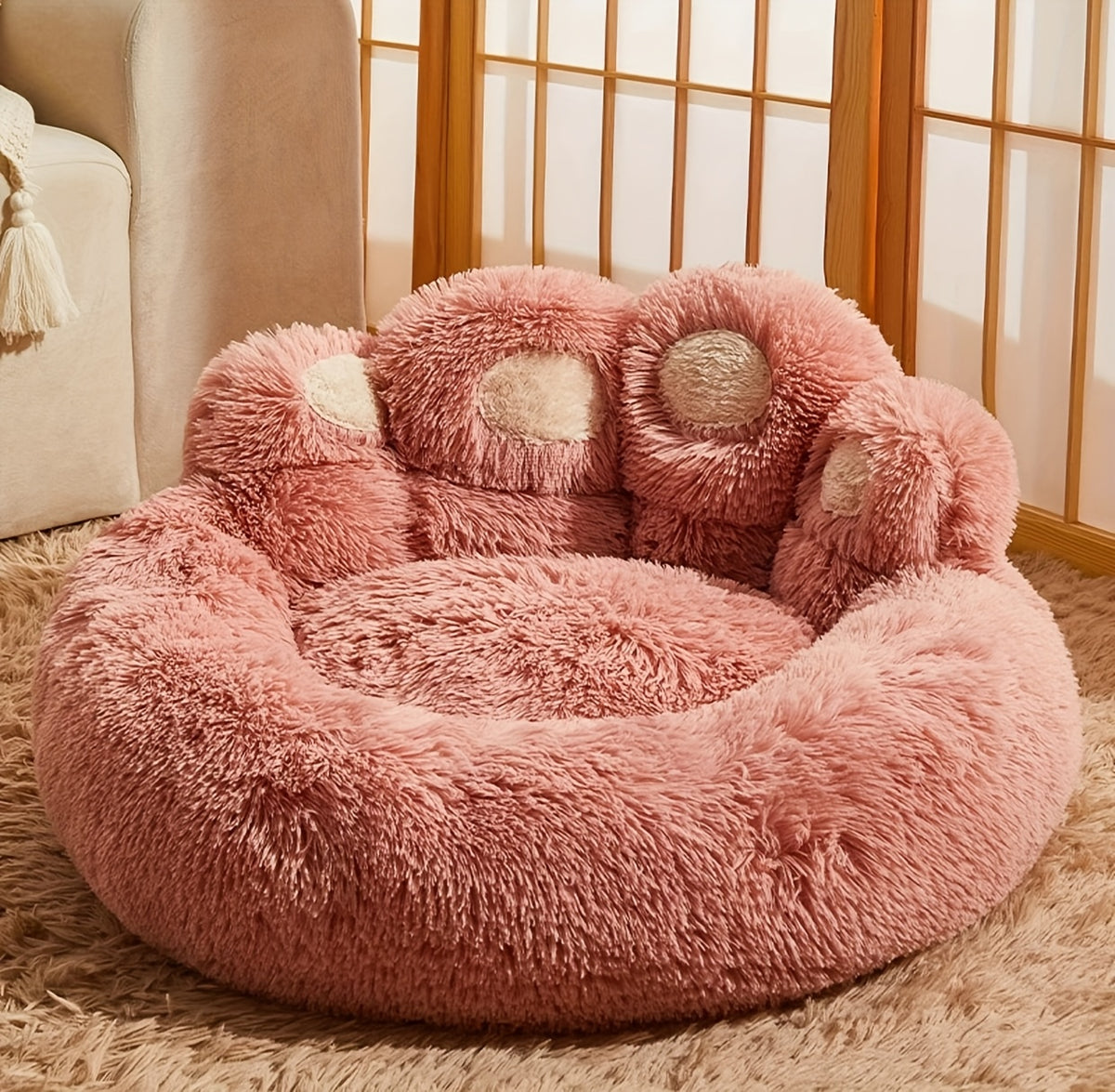 Plush Dog Bed with Bear Paw Shape, Soft Faux Fur Cat Sleeping Cushion with Non-Slip Bottom, Coffee Pink or Gray for Pets up to 30 lbs
