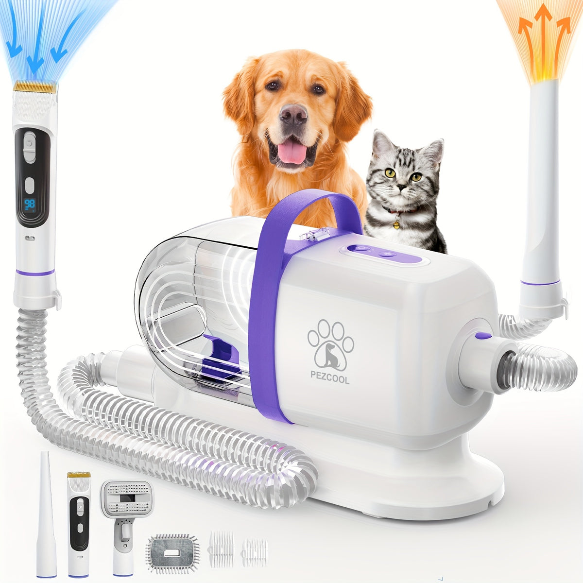 Dog Grooming Vacuum with Dryer Function, 74.39 oz Dust Cup, Low-Noise Pet Hair Collection and Grooming Tools for At-Home Shedding Care