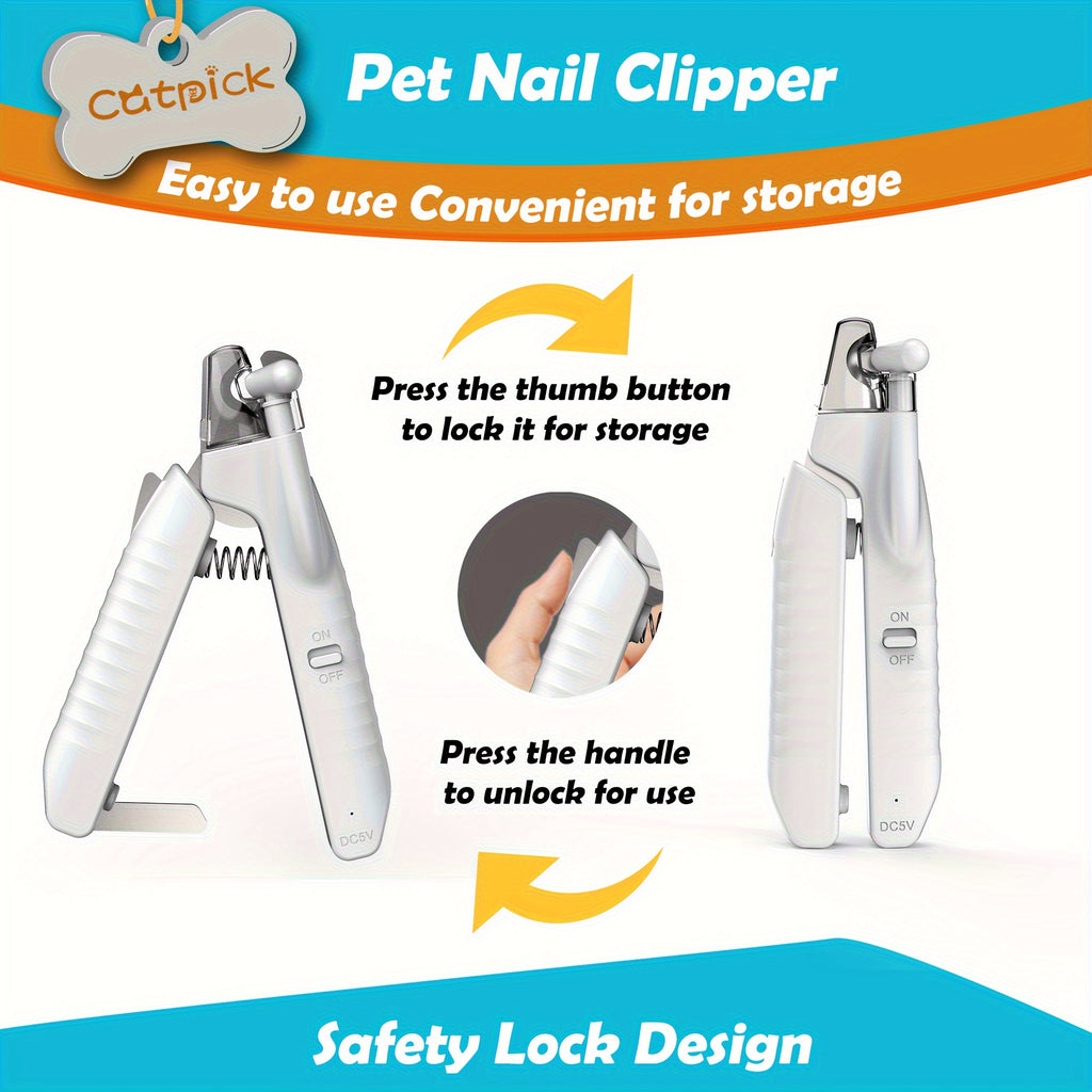 LED Dog Nail Clippers with Hidden File and Safety Lock, White Stainless Steel Blade Pet Nail Trimmer for Careful At-Home Dog and Cat Grooming