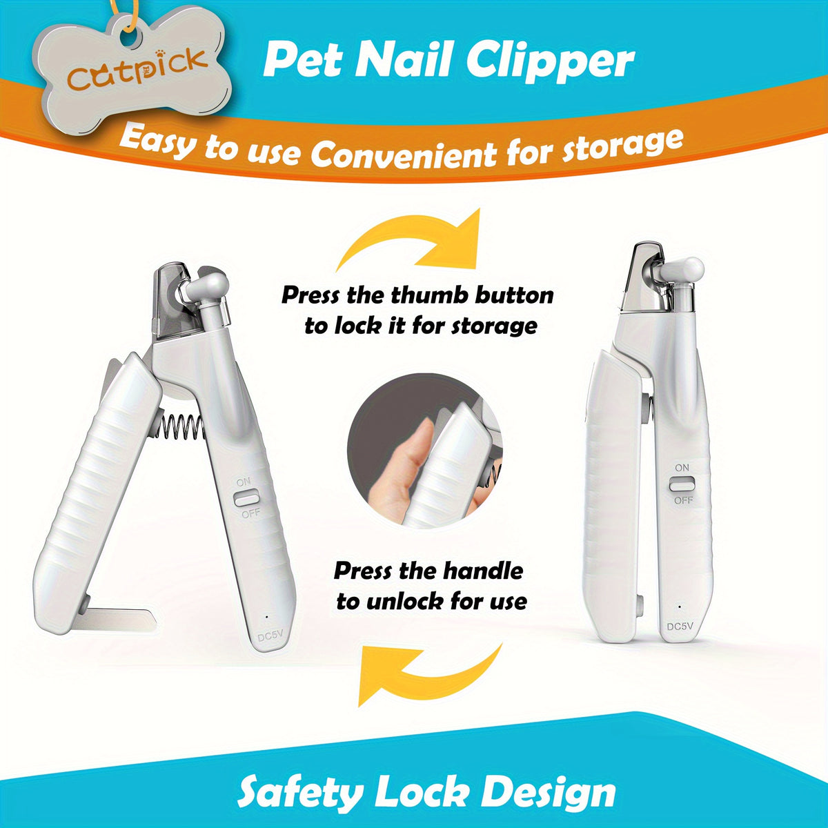 LED Dog Nail Clippers with Hidden File and Safety Lock, White Stainless Steel Blade Pet Nail Trimmer for Careful At-Home Dog and Cat Grooming