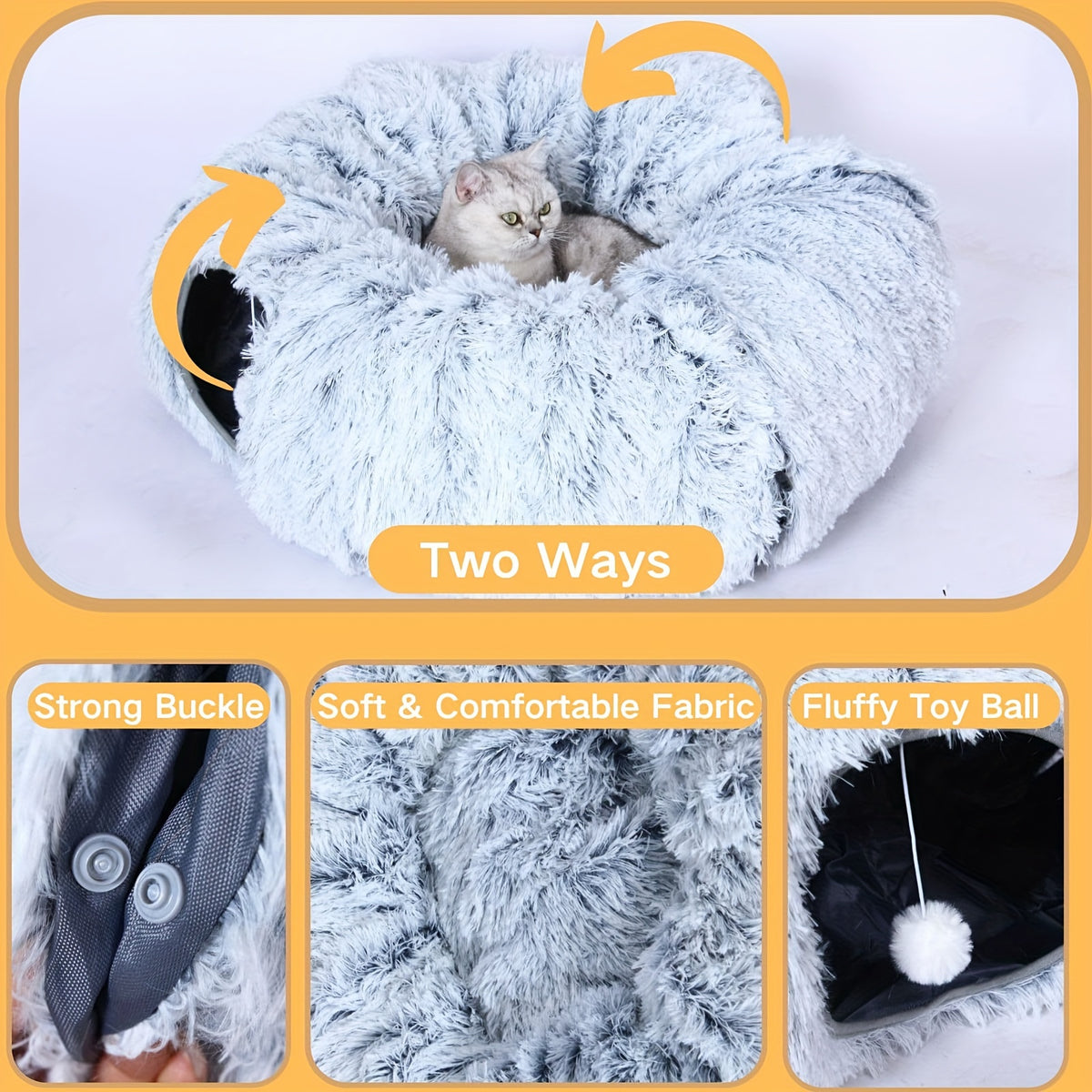 Cat Tunnel with Bed and Pet Scarf, Soft Plush Donut Hideaway with Peekaboo Opening for Indoor Cat Play and Rest, Four Color Options and Holiday Gift Idea