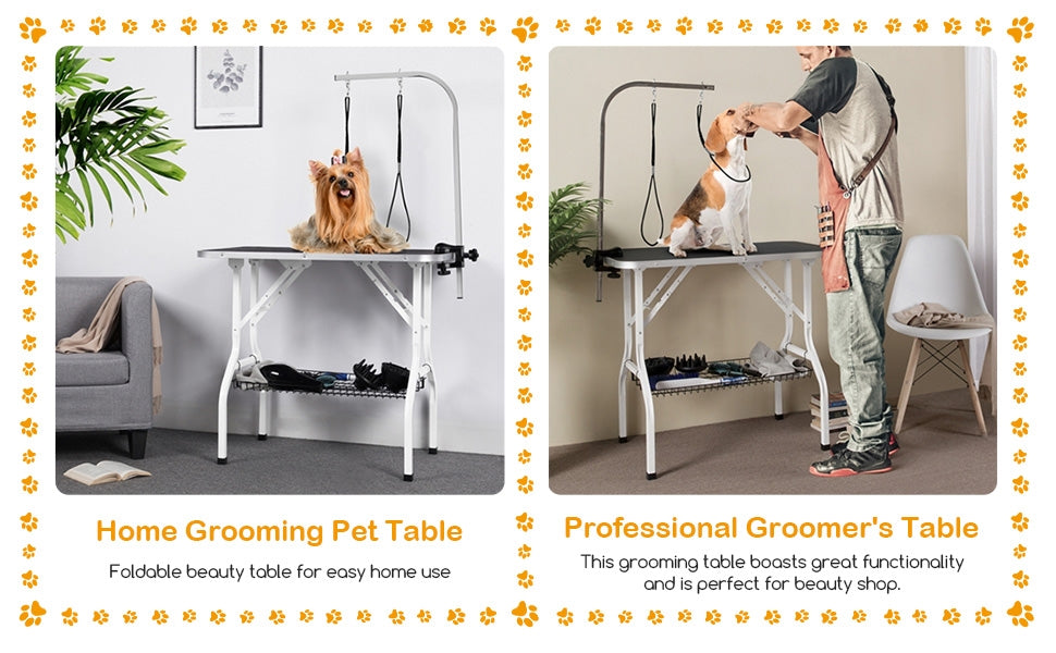 Foldable Dog Grooming Table with Mesh Tool Shelf, Detachable Height Adjustable Arm and Antiskid Surface for Small to Medium Dogs