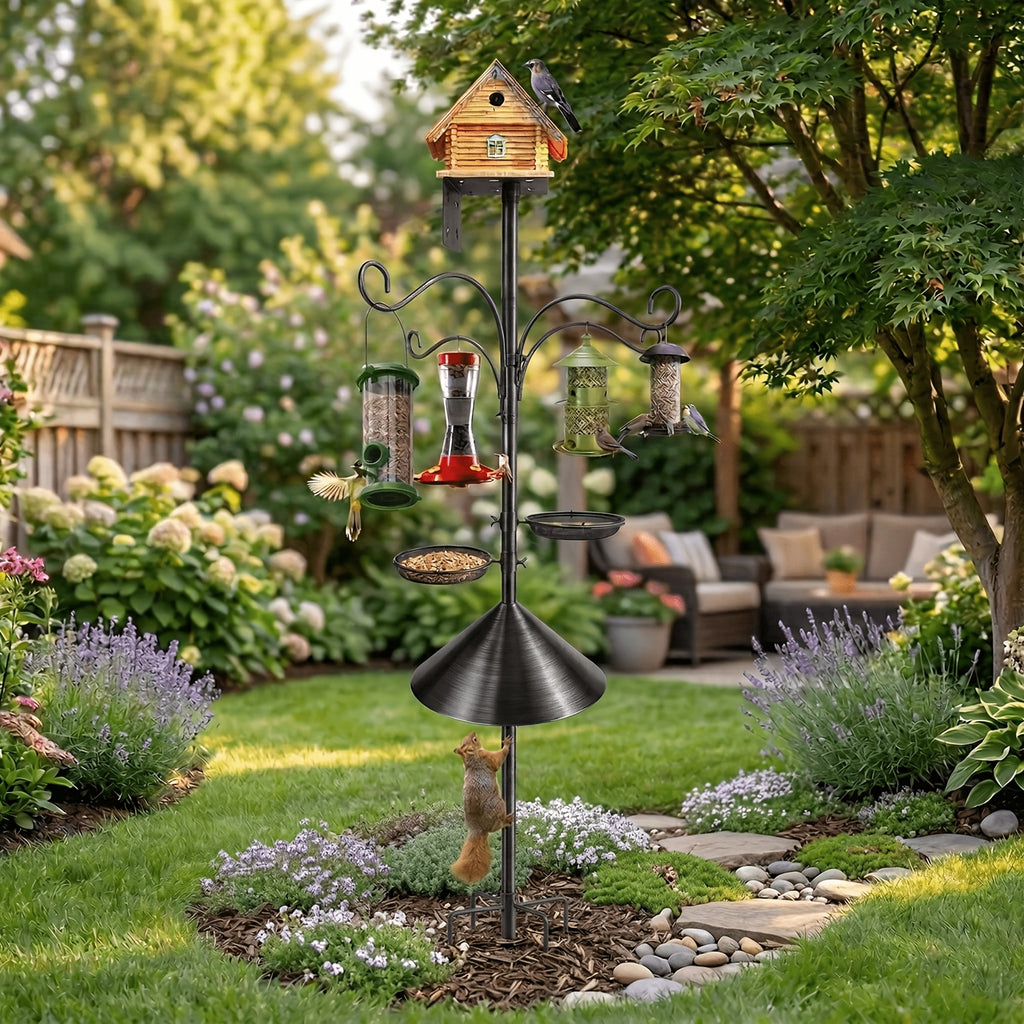 Bird Feeder Pole with Squirrel Baffle, 92-Inch Listed Garden Feeding Station Stand with Adjustable Shepherd Hooks and Metal Trays, Birdhouse Not Included