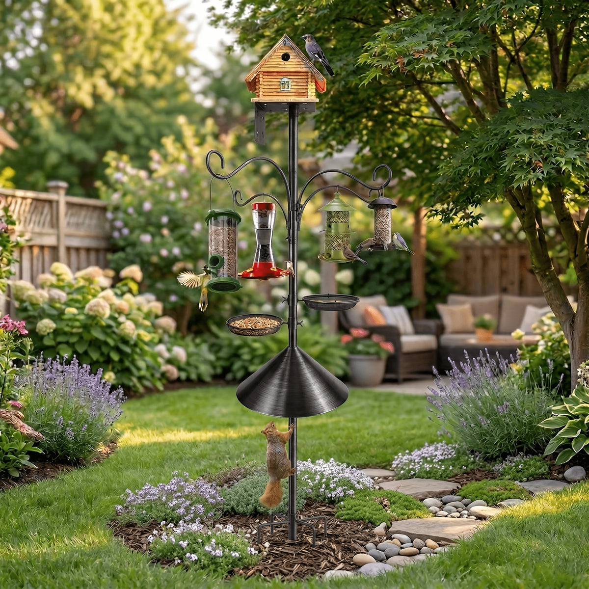 Bird Feeder Pole with Squirrel Baffle, 92-Inch Listed Garden Feeding Station Stand with Adjustable Shepherd Hooks and Metal Trays, Birdhouse Not Included