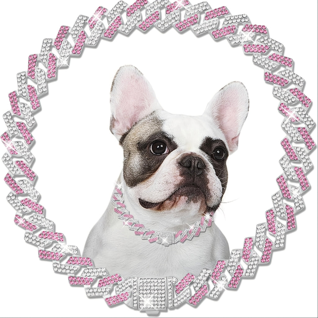 Crystal Cuban Chain Dog Collar, Adjustable 15mm Pet Necklace with Flip Lock for Dogs and Cats, Pink or Sky Blue Photo and Party Accessory