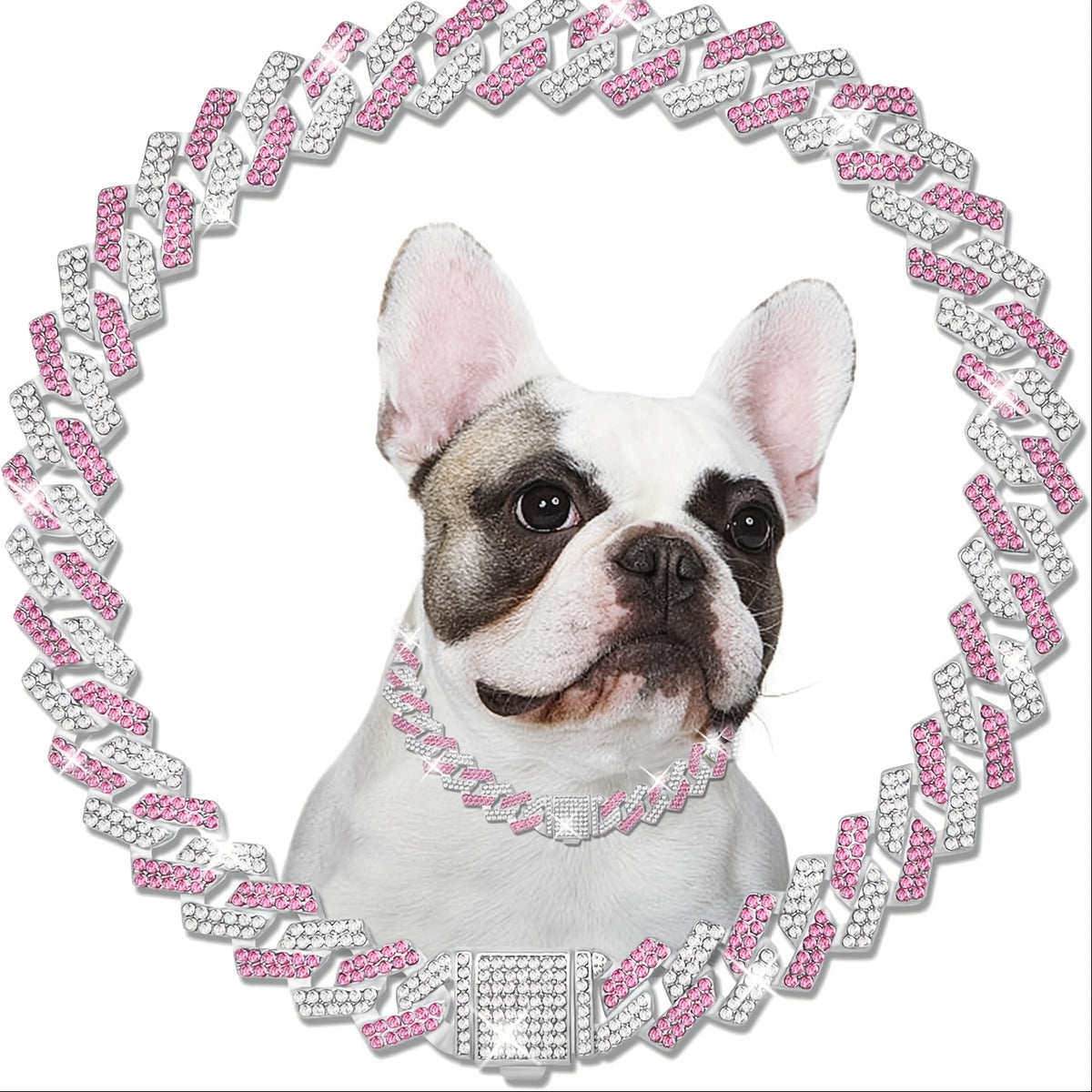 Crystal Cuban Chain Dog Collar, Adjustable 15mm Pet Necklace with Flip Lock for Dogs and Cats, Pink or Sky Blue Photo and Party Accessory