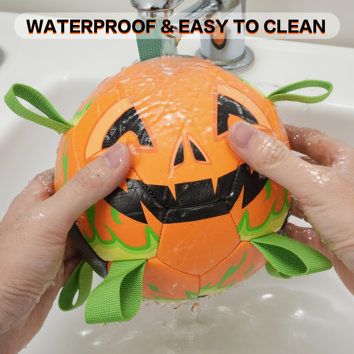 Halloween Pumpkin Dog Ball with Grab Tabs, Orange Jack-O-Lantern Fetch Toy with Carry Strap for Interactive Outdoor Play and Seasonal Pet Gifts