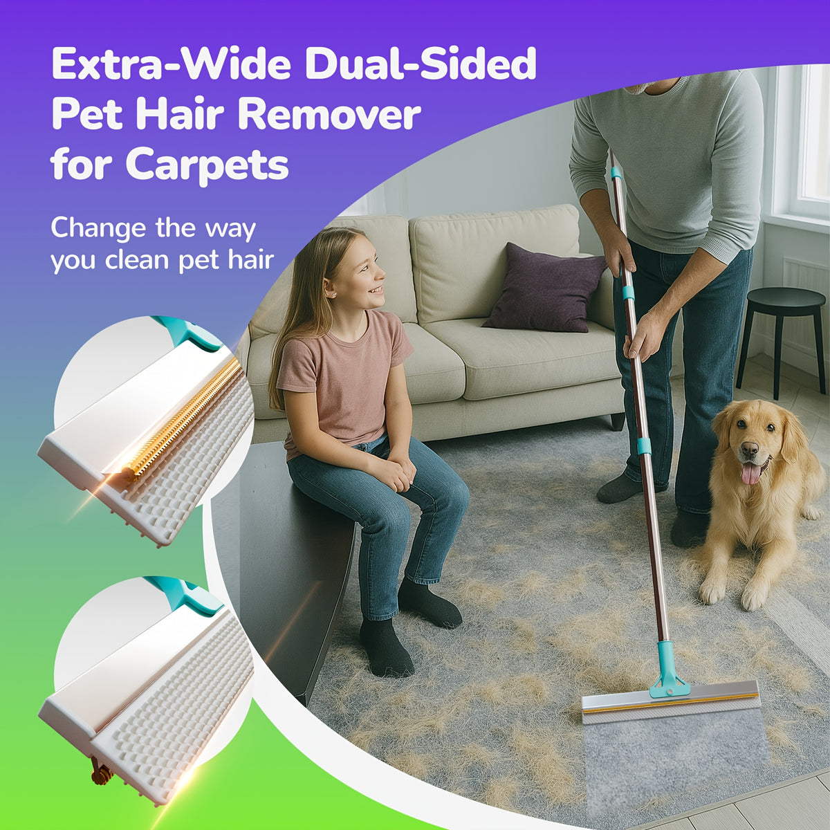 Carpet Rake for Pet Hair Removal with 51-Inch Handle, Dog Hair Remover Tool for Rugs, Stairs and Upholstery, Everyday Home Cleaning