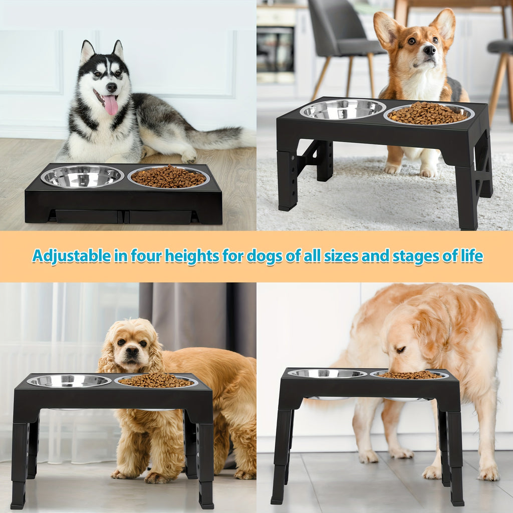 Five-Height Elevated Dog Bowls with 2 Stainless Steel Dishes, Foldable Raised Food and Water Stand from 3.15 to 12.2 Inches in Black or Gray