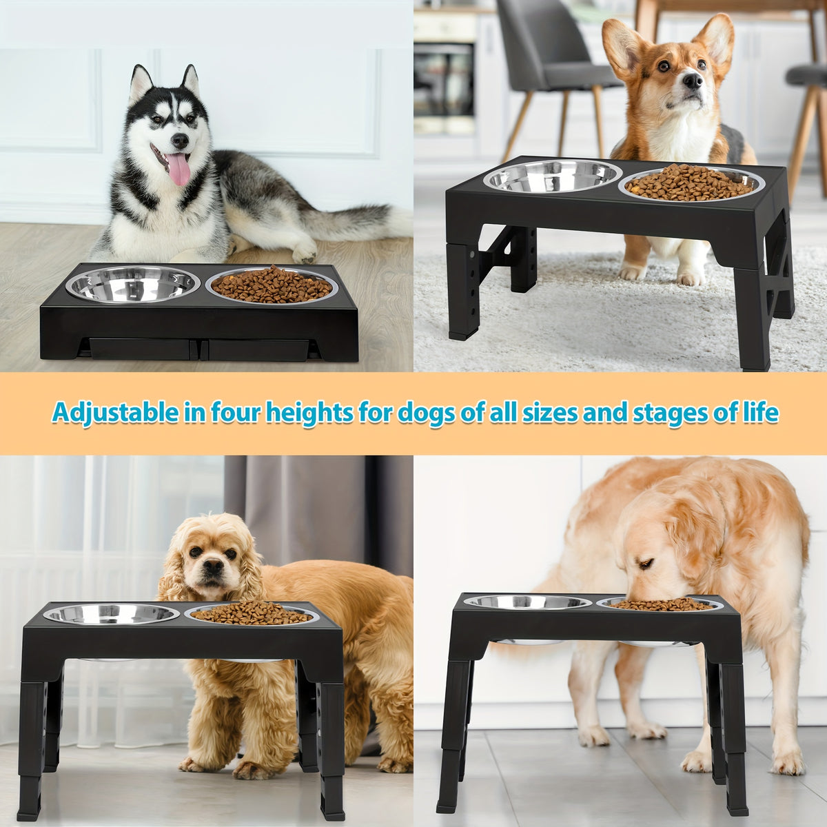 Five-Height Elevated Dog Bowls with 2 Stainless Steel Dishes, Foldable Raised Food and Water Stand from 3.15 to 12.2 Inches in Black or Gray