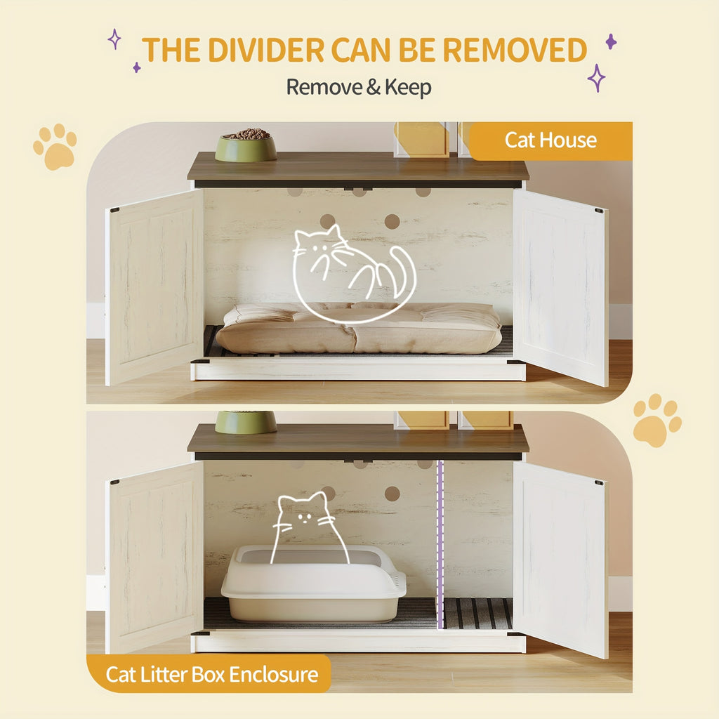 Hidden Litter Box Furniture with Barn Doors, Farmhouse Cat Cabinet with Reversible Entrance, Removable Divider and Ventilation Holes