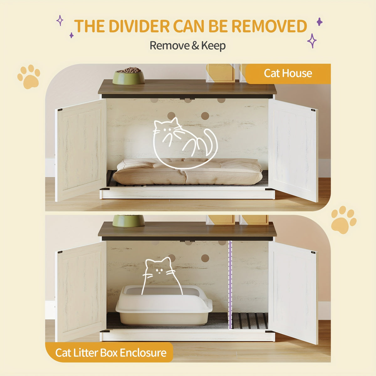 Hidden Litter Box Furniture with Barn Doors, Farmhouse Cat Cabinet with Reversible Entrance, Removable Divider and Ventilation Holes