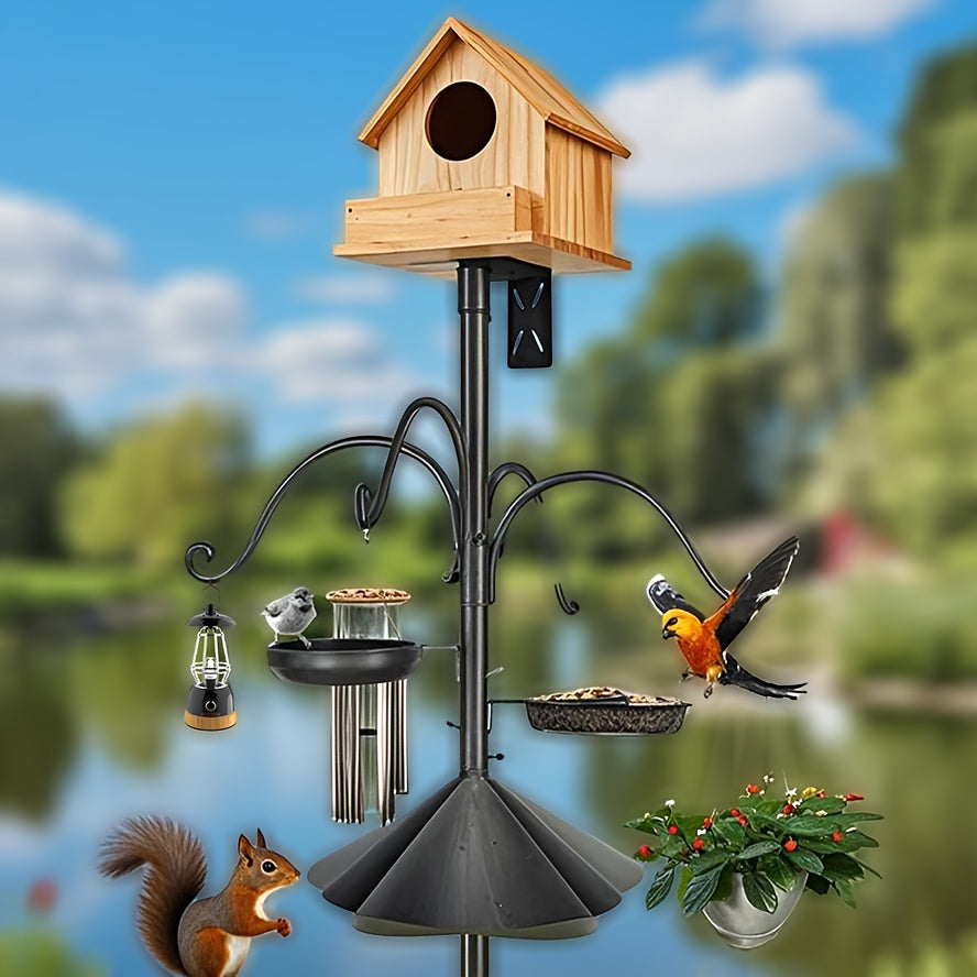 Bird Feeder Pole with Squirrel Baffle, 92-Inch Listed Garden Feeding Station Stand with Adjustable Shepherd Hooks and Metal Trays, Birdhouse Not Included