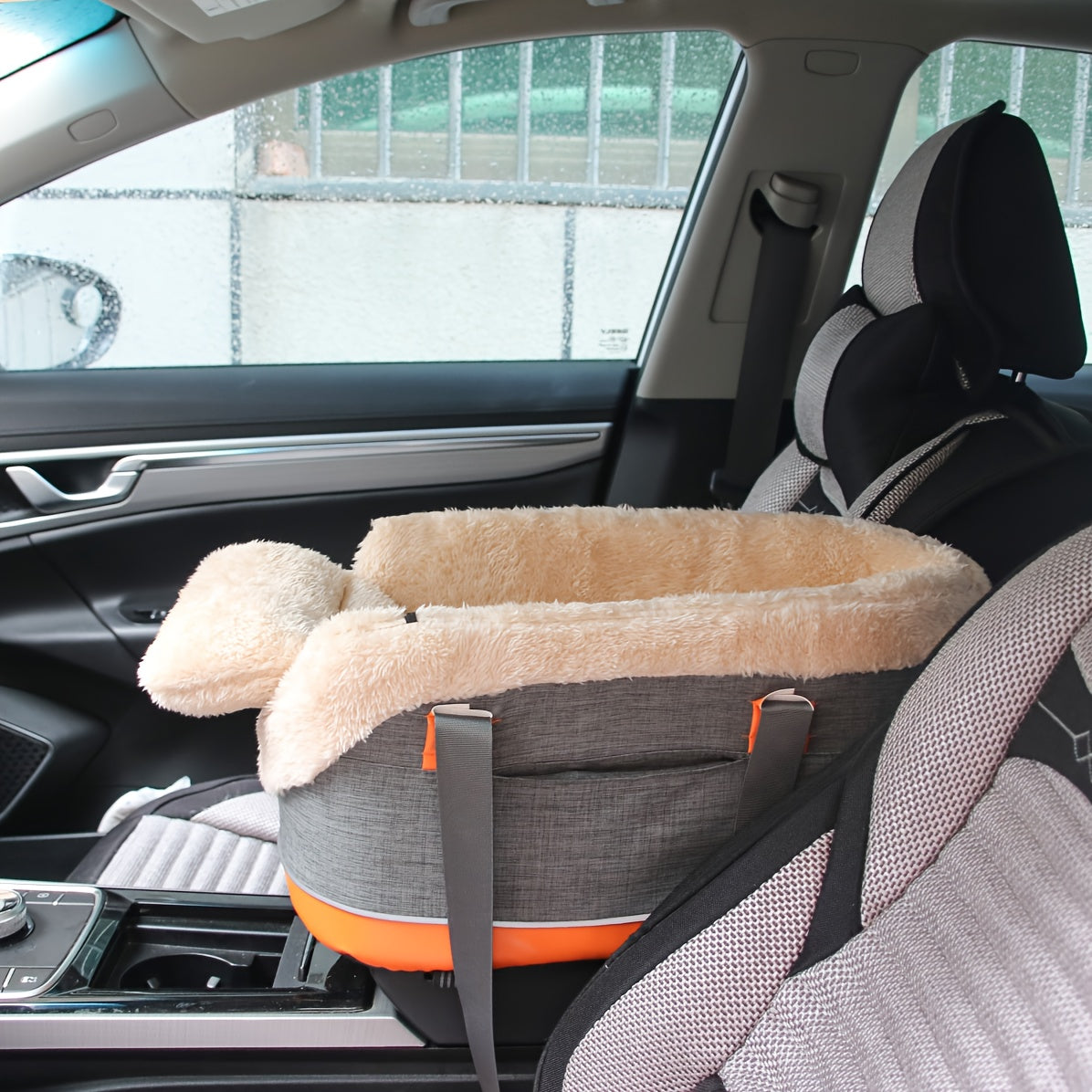 Center Console Dog Car Seat for Small Dogs and Cats up to 10 lbs, Plush-Lined Armrest Pet Travel Bag with Carry Straps, Khaki or Dark Gray