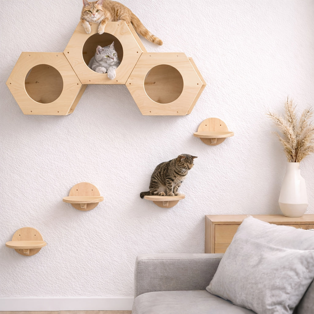 Cat Wall Shelves with Hexagon House, 4-Piece Wooden Climbing Furniture Set with 3 Steps and Scratching Post for Small and Medium Indoor Cats up to 20 lbs