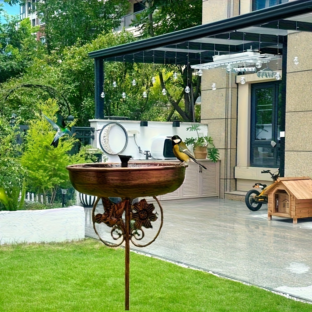 Sunflower Metal Bird Bath and Feeder with 5-Prong Ground Stake, Bronze Garden Basin with Hummingbird Accent, Single or Double-Layer Options, No Fountain