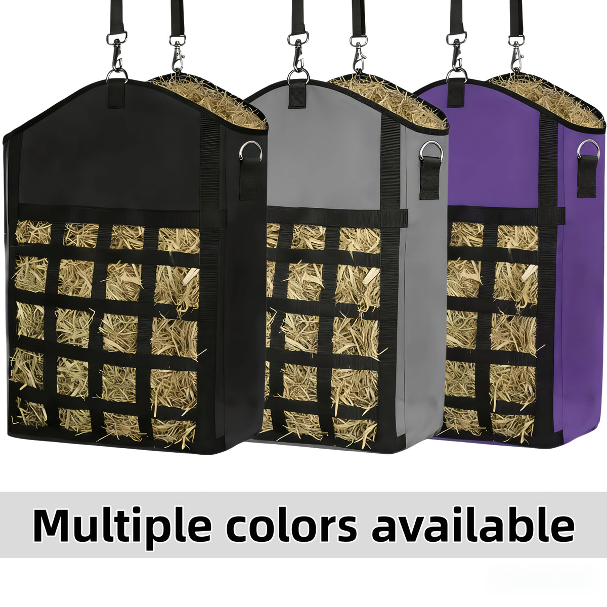 Hanging Hay Feeder Bag for Horses, Goats and Sheep, Open-Top Forage Holder with Grid Feeding Panel for Barn Stalls, Fences and Trailers