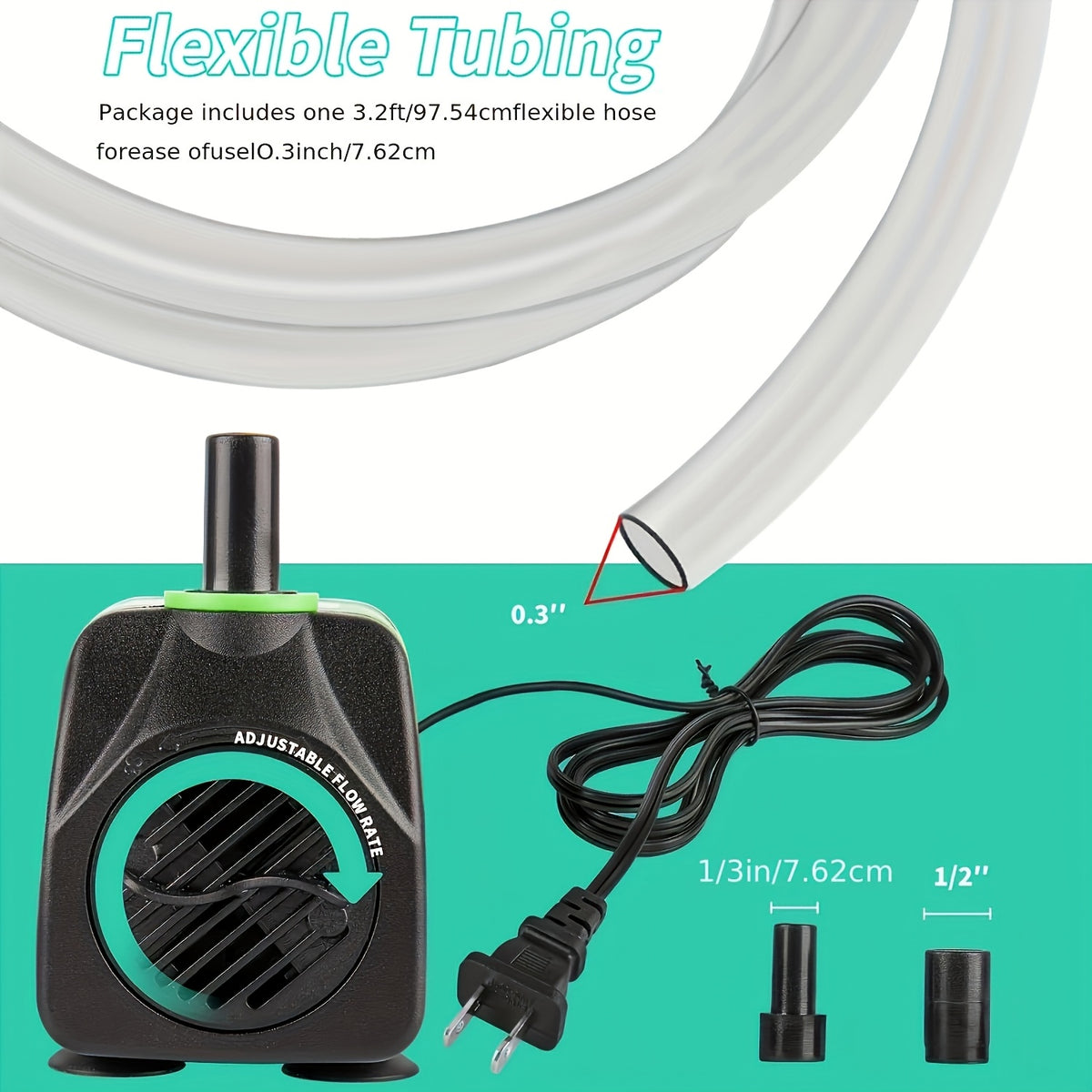 Submersible Fountain Pump 160GPH 10W with Adjustable Flow, Two Nozzles and Tubing for Aquarium, Small Pond and Hydroponic Water Circulation