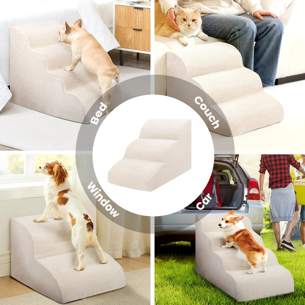Memory Foam Dog Steps with Washable Cover, 2-Step Pet Stairs with Non-Slip Bottom and Textured Surface for Sofa and Bed Access, Brown or Camel