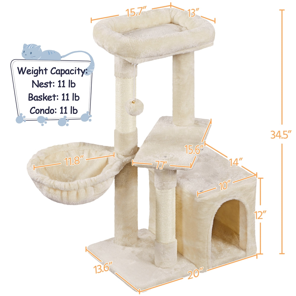 Cat Tree 34.5 Inch with Condo and Basket, Plush Indoor Cat Tower with Nest, Platform, Three Sisal Scratching Posts and Scratching Board in Five Colors