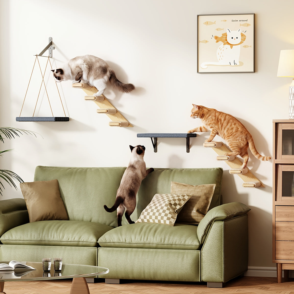Wall Mounted Cat Shelves for Indoor Cats, Multi-Level Climbing Perches and Lounge Furniture in 2-in-1, 3-in-1 or 5-in-1 Space-Saving Options