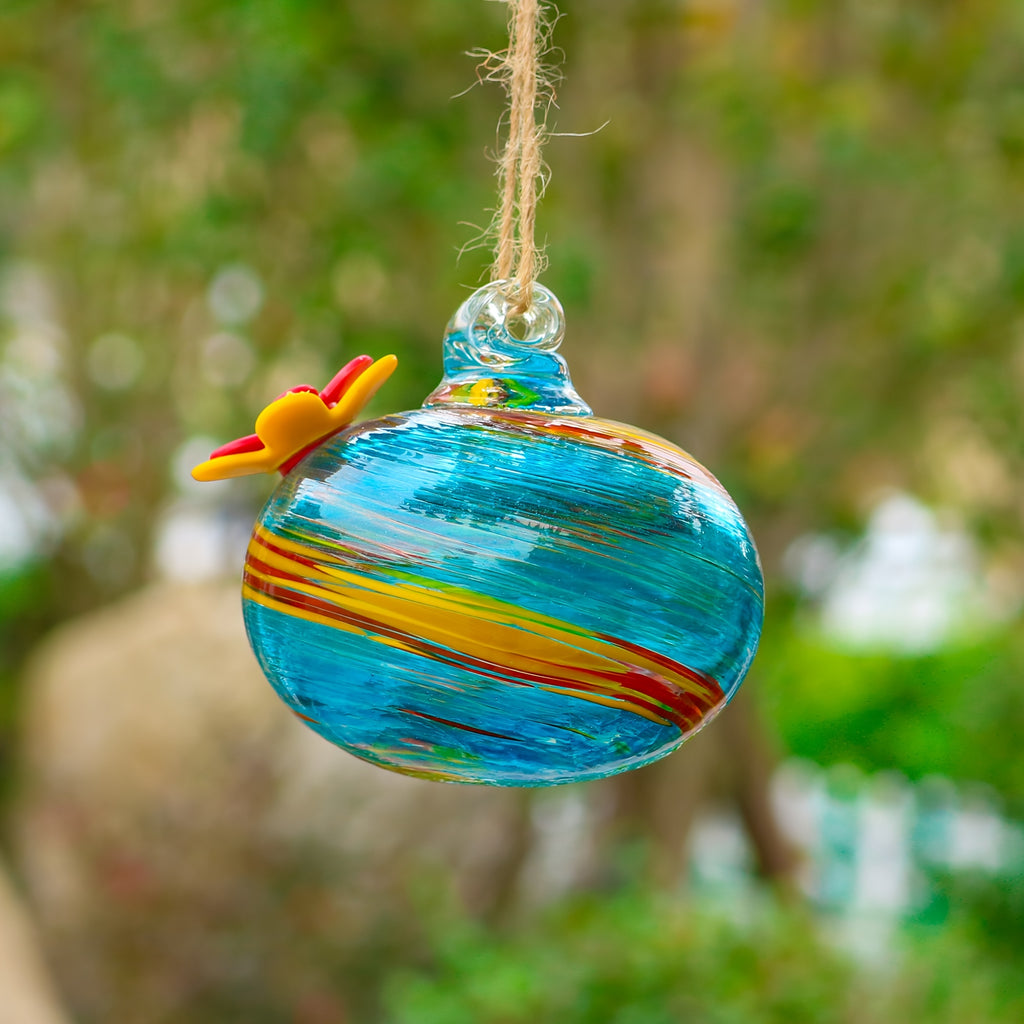 Hanging Glass Hummingbird Feeder with Flower Port, Colorful Round Nectar Ornament for Garden, Patio and Terrace Decor, Bird Lover Gift