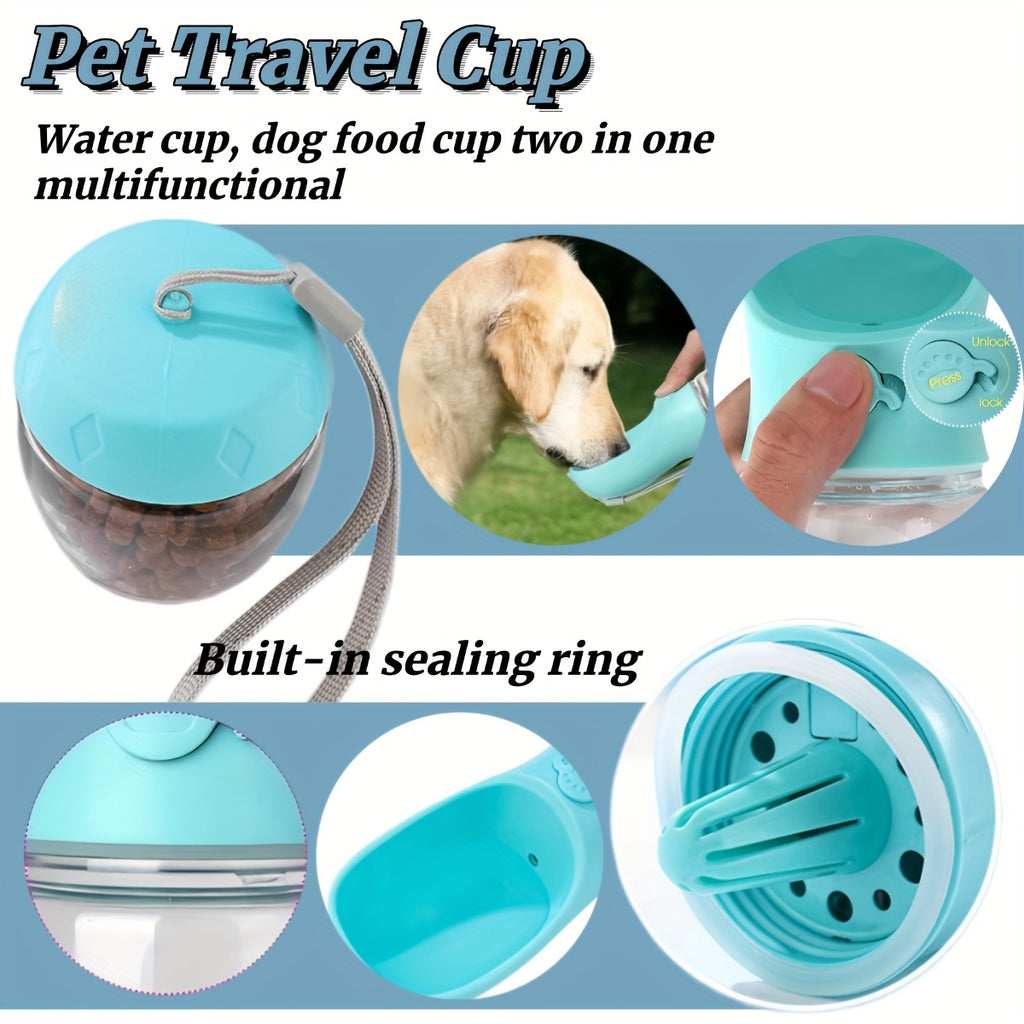 Dog Water Bottle with Food Container, 20 oz Portable 2-in-1 Plastic Pet Travel Dispenser in Pink for Outdoor Walks, Hiking and Road Trips