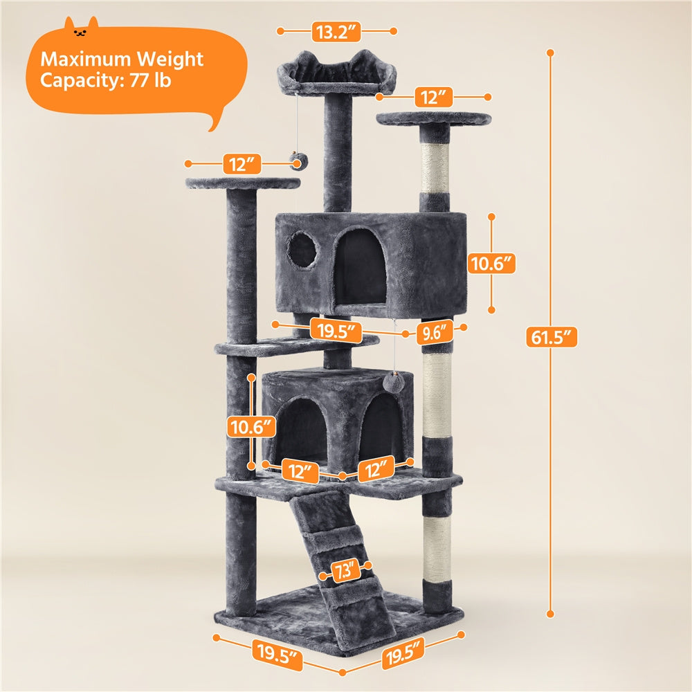 Cat Tree with Twin Hideaways, 54 or 62 Inch Dark Gray Indoor Cat Tower with Two Condos, Three Scratching Posts and Dangling Balls for Play and Rest