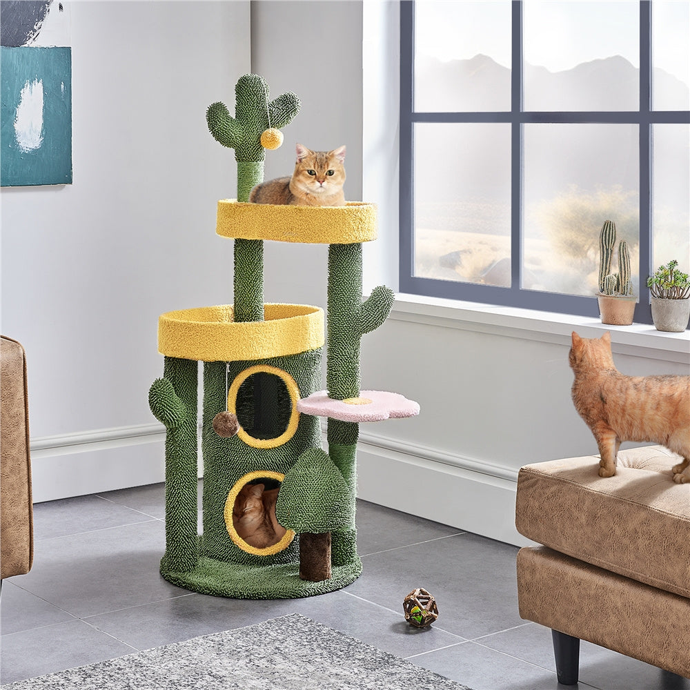 Cactus Cat Tree 48.5 Inch, Oasis-Themed Fleece Cat Tower with 3 Perches, Condo, Scratching Posts and Toys for Small Medium Indoor Cats, Green Yellow
