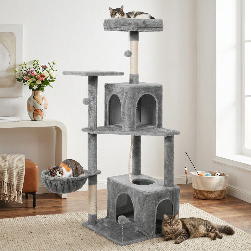 Cat Tree Tower with Condos and Hammock, TSCOMON Indoor Cat Furniture with Sisal Scratching Posts, Top Perches and Pompom Toys for Play and Rest