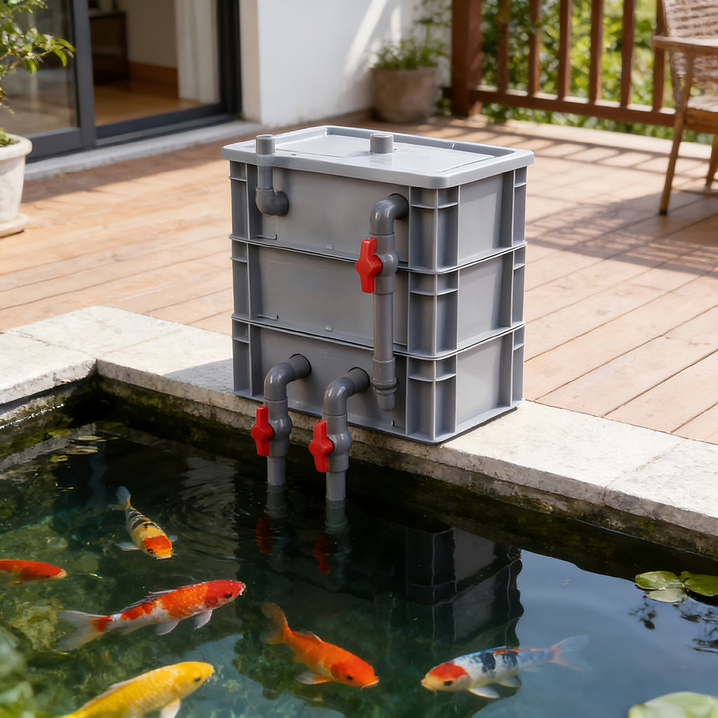 Aquarium Filter Box with Three Stacked Layers, Gray Fish Tank and Pond Filtration Housing for Custom Media Setups, No Filter Media Included