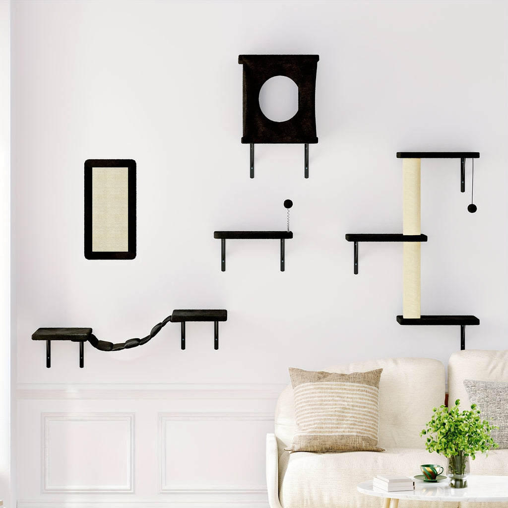 5-Piece Cat Wall Shelves Set with House, Bridge Hammock, Scratching Post and Pad, Wall-Mounted Indoor Climbing Furniture in Grey or Beige