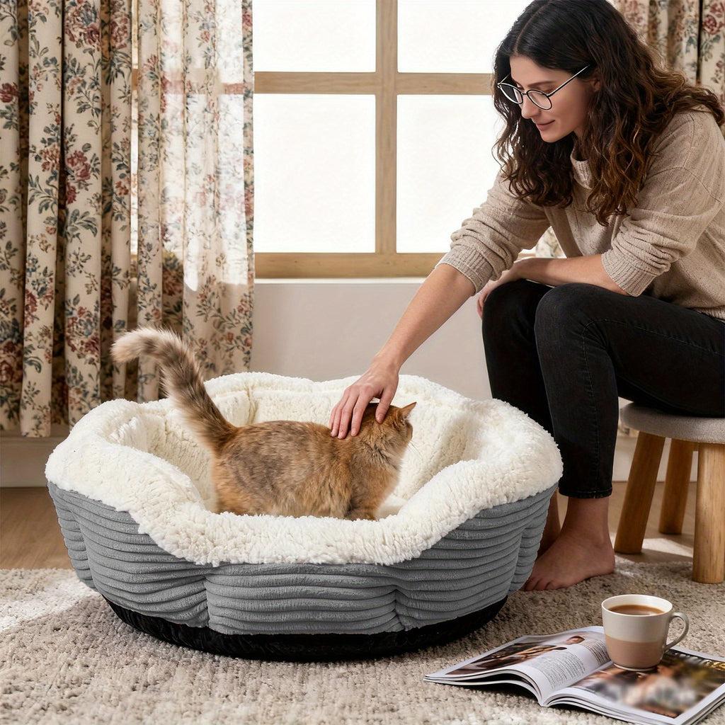 Machine Washable Pet Bed for Cats and Dogs, Thick Plush Winter Sleeping Cushion with Non-Slip Base, Pink or Gray in Round and Rectangle Options
