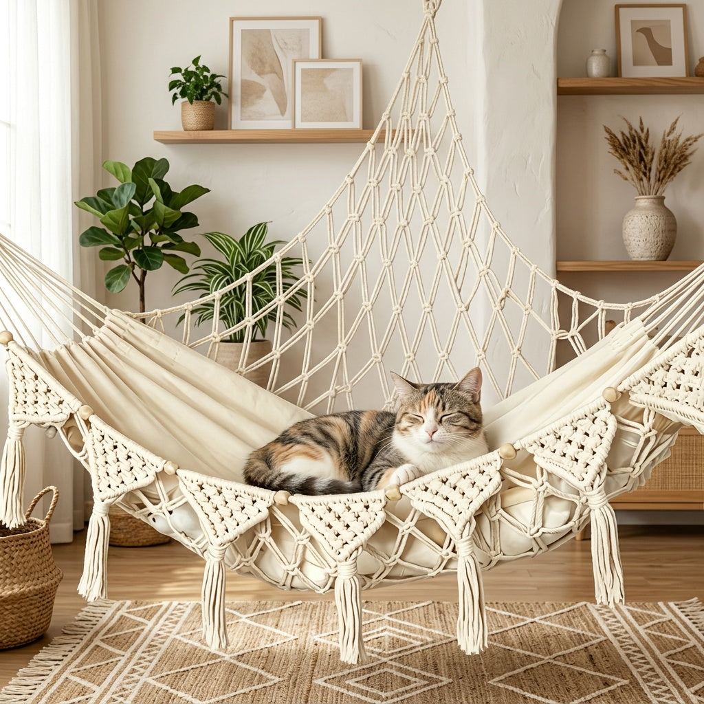 Handwoven Cat Hanging Bed, Vinyl Basket Hammock for Kittens and Cats, All-Season Indoor Pet Lounger in Pink, Black, Multicolor or Beige