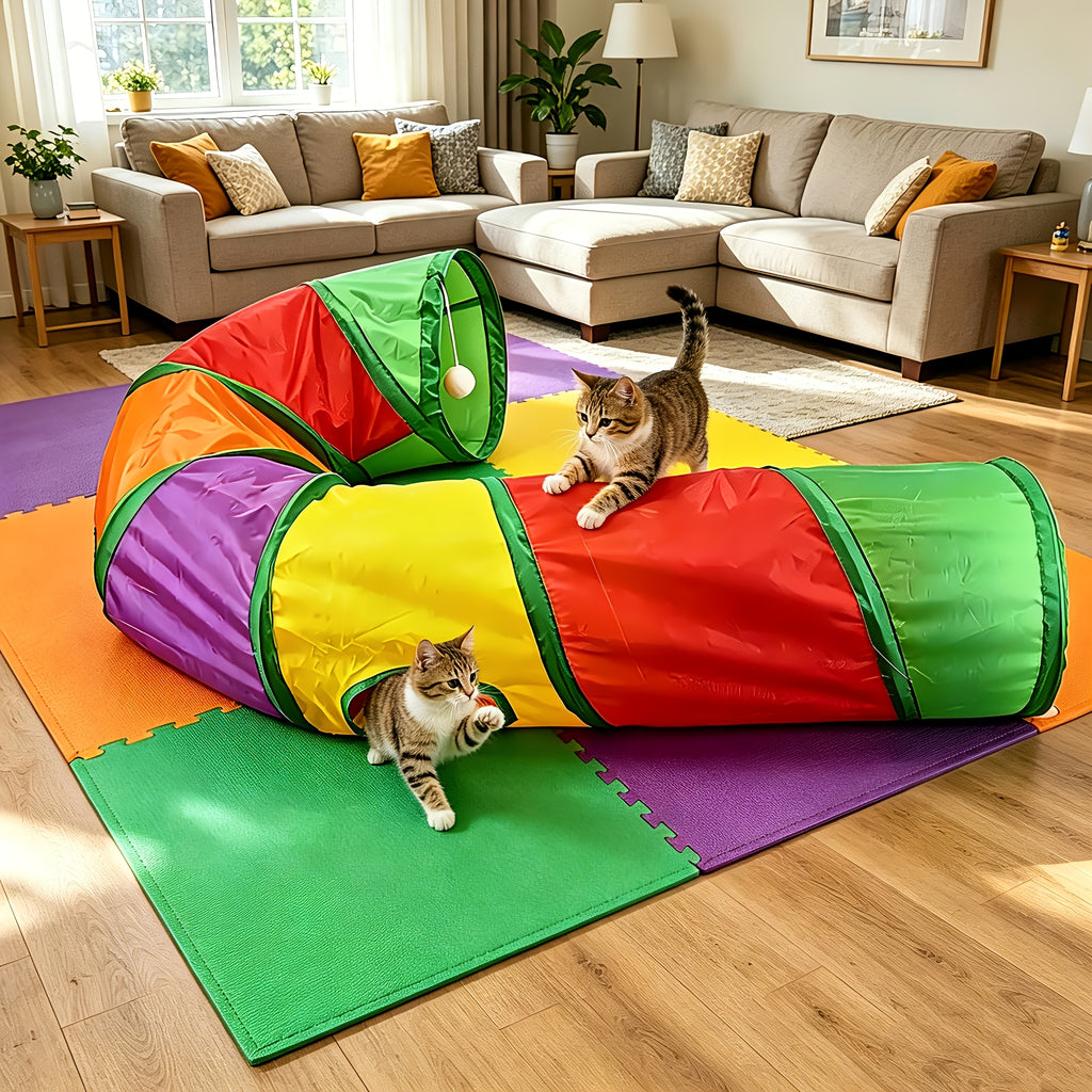 J-Shaped Cat Tunnel in Rainbow Colors, Collapsible Cat Play Tube and Maze Runway Toy for Indoor Exploration, Hide-and-Seek and Everyday Play