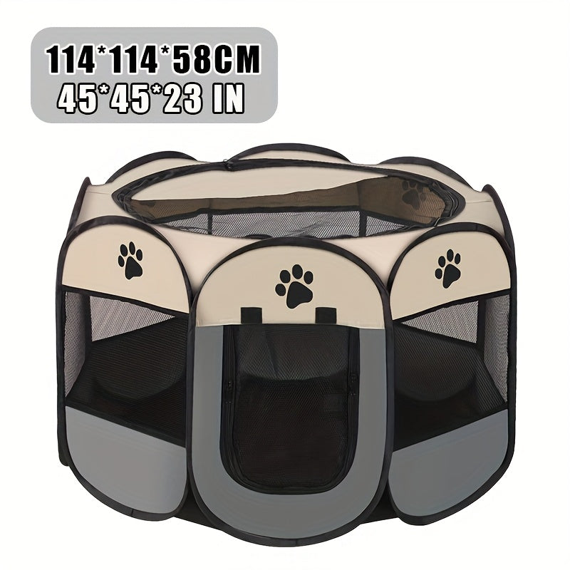 Pet Playpen Tent for Dogs and Cats, Foldable Octagonal Oxford Fabric Enclosure with Paw Print Design for Indoor, Outdoor and Travel Use