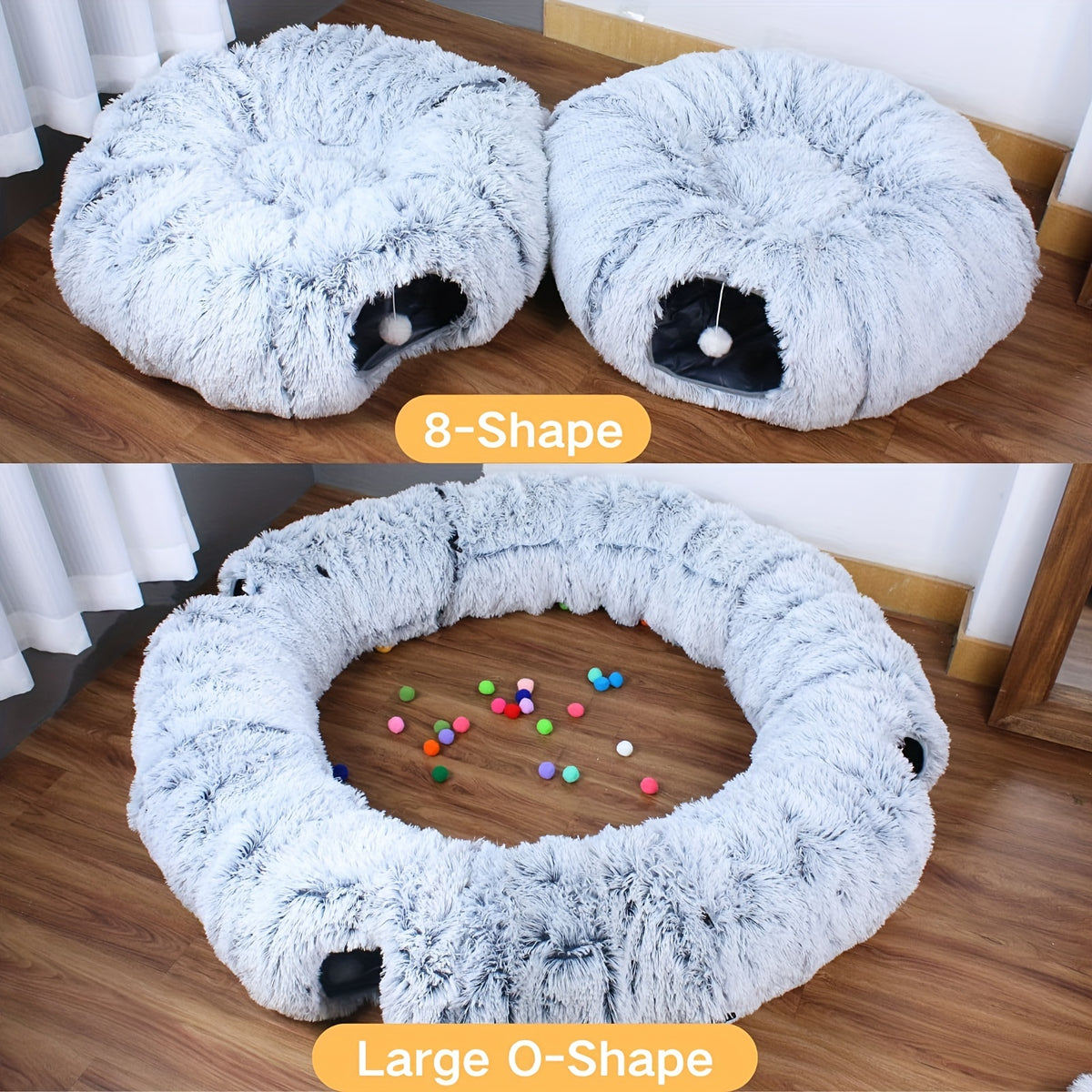 Cat Tunnel with Bed and Pet Scarf, Soft Plush Donut Hideaway with Peekaboo Opening for Indoor Cat Play and Rest, Four Color Options and Holiday Gift Idea