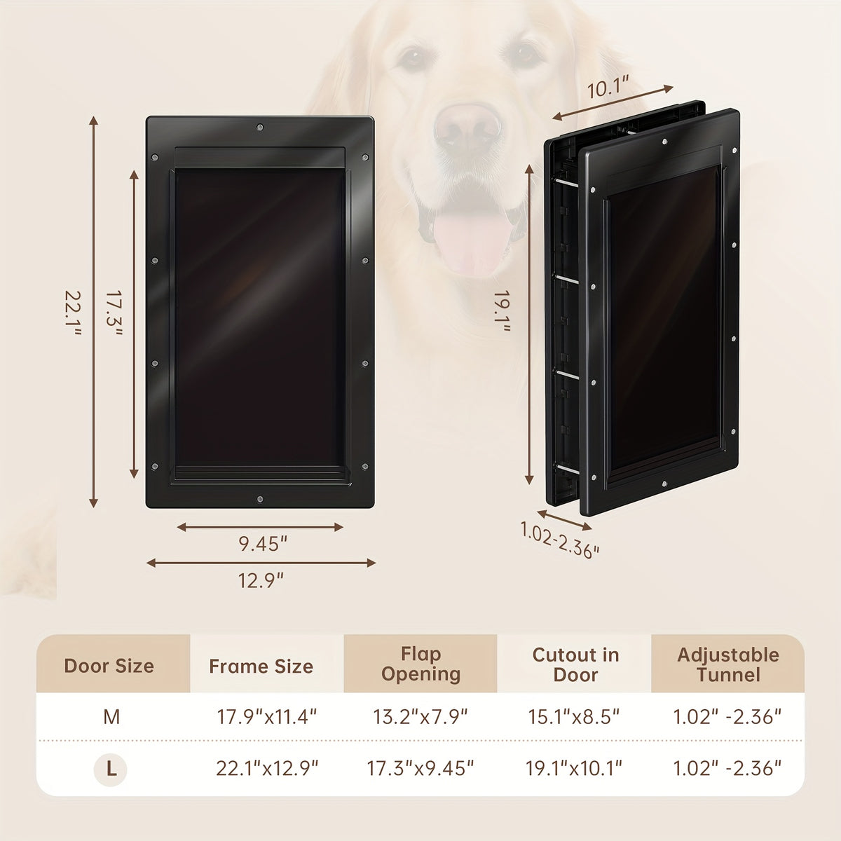 3-Flap Dog Door with Insulation Layer and Two Magnetic Flaps, Reinforced Polymer Pet Entry with Closing Panel in Medium or Large, Black or White