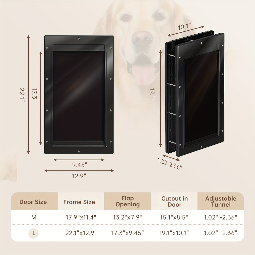 Dog Door with Double Magnetic Flaps and Closing Panel, Black Reinforced Polymer Pet Entry for Interior or Exterior Doors and Compatible Wall Installations