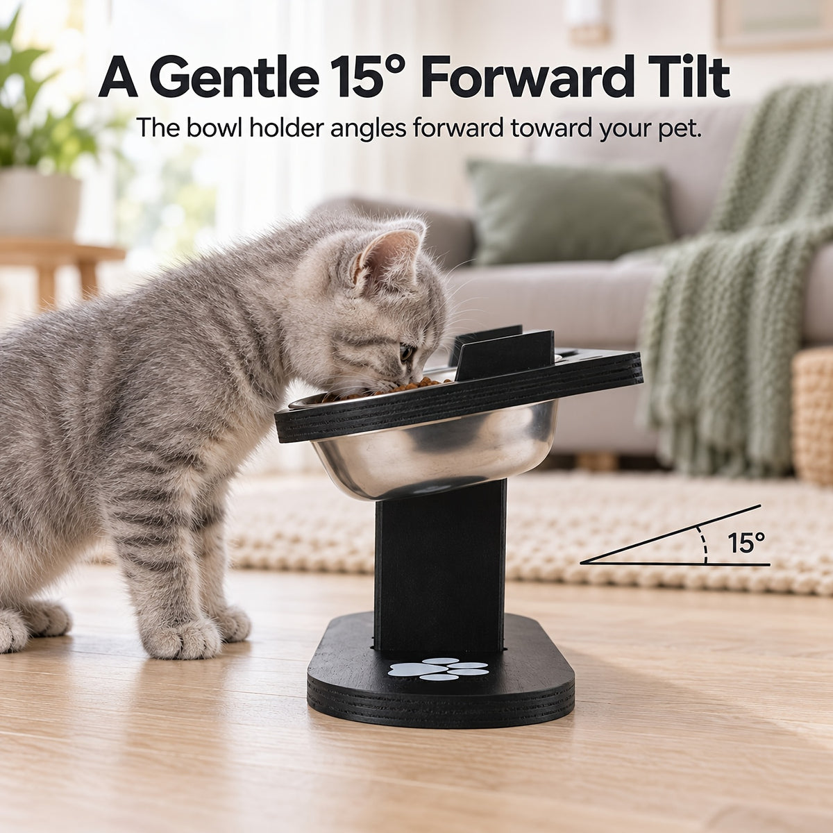 Double Cat Bowl Stand with Two Stainless Steel Dishes, 15 Degree Tilted Adjustable Black Wooden Feeder for Cat and Small Dog Food and Water